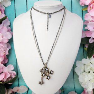 STELLA & DOT Silver Tone Key Cross Charm Pendant Long Chain Necklace